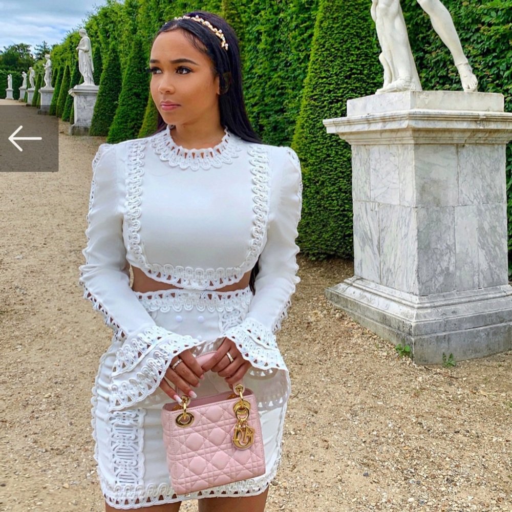 White embroidered bell sleeve dress with appliqué